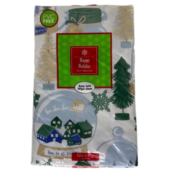 Happy Holiday Rustic Pine Trees Christmas Vinyl Tablecloth 52 in x 90 in - Picture 1 of 5